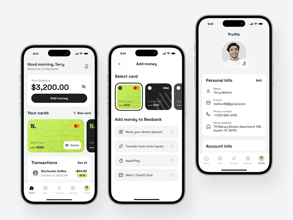 Screens of a mobile banking app